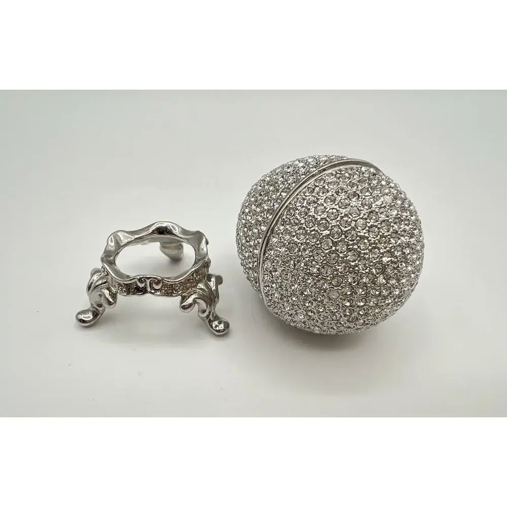 Rhinestone Jeweled Egg Shape Hinged Jewelry Trinket Box Ring Holder w Stand 3”